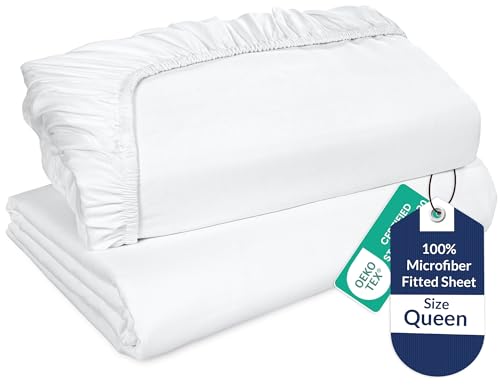 Image of Royale Linens 2 Pack Fitted Sheet - Elastic Sheets - Queen Fitted Sheet Only -Soft & Breathable - Brushed 1800 Microfiber- Stain Resistant- Hotel Quality Deep Pocket Stretches Up to 16 inch (Queen, White)