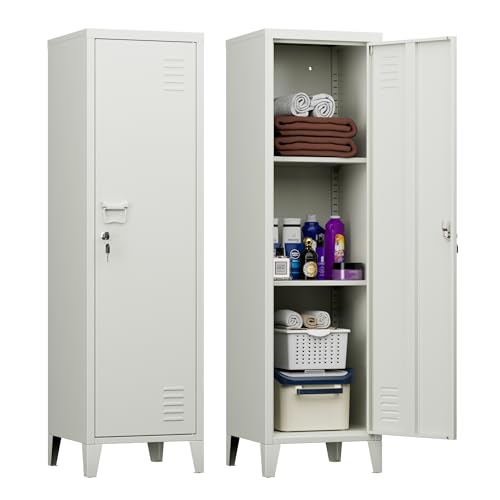 Immagine prodotto: SUPEER Armadio singolo in metallo con 2 ripiani regolabili in altezza, 135 x 38 x 38 cm, armadietto in metallo per guardaroba, scuola, ufficio, famiglia (grigio chiaro)