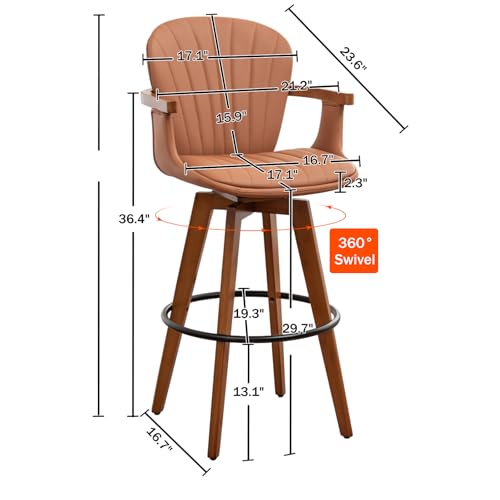 Image of LUNLING 30 inch Bar Height Stools Set of 3.Mid Century Modern Bar Stools,Brown PU Leather Kitchen Island Stools,Wood High Barstools Swivel with Back and Arms for Home Bar Furniture