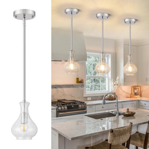 Karjearl Brushed Nickel Pendant Lights Kitchen Island, 5.9' Modern Crackle Glass Pendant Light...