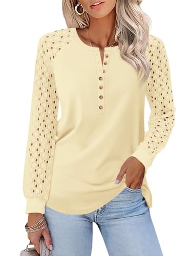TICTICMISS Women's Lace Long Sleeve Shirts Henley Crewneck Tops