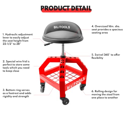 Bilitools Adjustable Shop Stool, Rolling Garage Mechanic Stool With Wheels 300Lbs Capacity 16 Inch Oversized Seats #TOP3