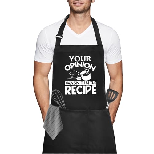 Iridsmole Divertidos delantales de cocina para hombres, 'You Opinion WASN'T IN THE RECIPE', delantales divertidos para barbacoa para mujeres con bolsillos, regalo ideal de Navidad para hombres, marido