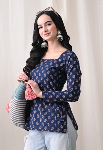 Image of MEERA FAB Women's Floral Printed Cotton Short Kurta Square Neck | Floral Printed Kurta with Full Sleeves | Short Kurti for Women