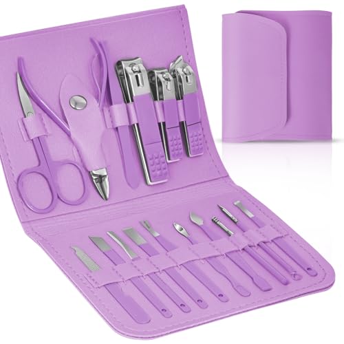 LOPHE Kit Manucre Pedicure Coupe Ongle,16 pcs Kit Manucre Pedicure Coupe Ongle Professionnel Coupe Cuticule,Ensemble de Coupe-ongles de Voyage avec Sac de Voyage en Cuir Violet,Femme et Hommes