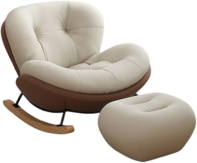 COMEDYKINGロッキングチェア和風シングルロッキングチェアファッション北欧チェアルーズロッキングチェアリビングルーム用レジャーチェアロッキングチェア頑丈な厚みのあるシングルソファバルコニー、リビングルーム、ベッドルーム、北欧、レジャー怠惰なロッキングチェアフットペダル (【厚手モデル】オフホワイト×ブラウンカラー,一人掛け椅子+フットレスト)