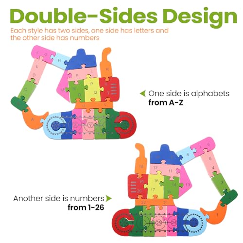 Image of Yunsailing 4 Pcs Wooden Animal Puzzles for Kids, Double Sided Snake Jigsaw with Alphabet & Numbers for Preschool Toddler Learning Educational Activities(Transportation)
