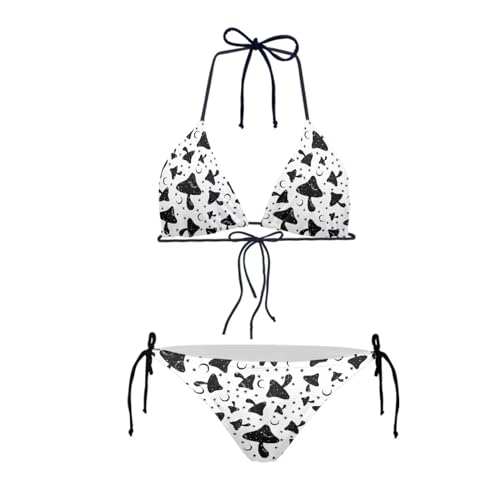 Conjunto de bikini triangular para mujer, corte alto, lazo lateral, 2 piezas, Champiñón negro, XL