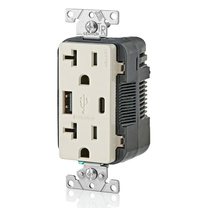 Image of Leviton Type A & Type-C USB in-Wall Charger with 20A Tamper-Resistant Outlet, USB Charger for Smartphones and Tablets. Not for Laptops, T5833-T, Light Almond