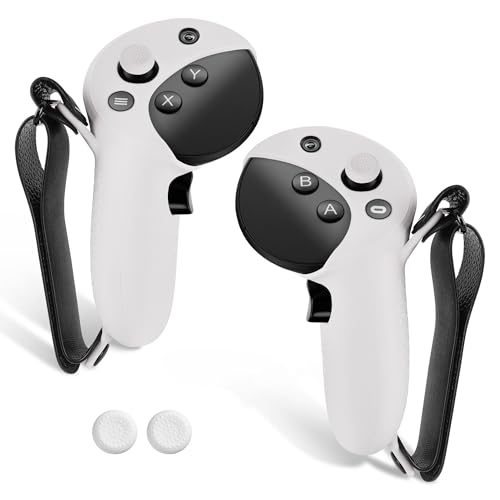 Geekria Silicone Controller Cover Compatible with Meta Quest Pro, Anti-Throw Handle Sleeve Gaming Accessories, Adjustable Wrist Knuckle, Thumb Caps (White, 1 Pair)