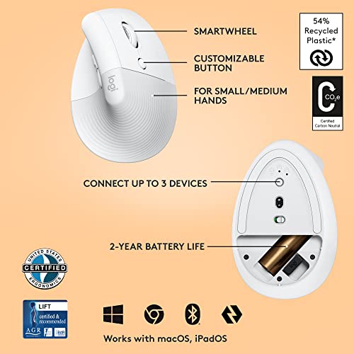 Logitech Lift Vertical Ergonomic Mouse, Wireless, Bluetooth Or Logi Bolt Usb Receiver, Quiet Clicks, 4 Buttons, Compatible With Windows/Macos/Ipados, Laptop, Pc - Off White #TOP5