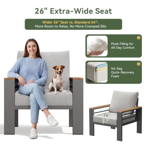 Image of Aoxun Aluminum Outdoor Patio Furniture Set, 5 Seats Outdoor Sectional with Coffee Table, Patio Conversation Sets with Upgraded Armrests and Cushions for Backyard, Garden and Poolside(Grey)