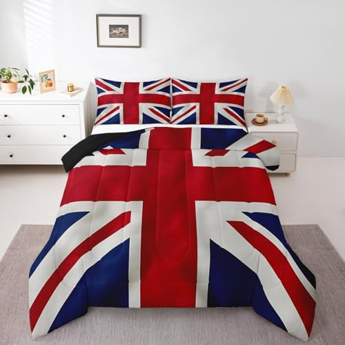 Erosebridal British Flag Bedding Set Full Size, United Kingdom Flag Comforter Set for Kids Boys Teens Men Women, Retro Flag Bedding Set Geometric Stripes Down Comforter Bedroom Decor, Red Blue