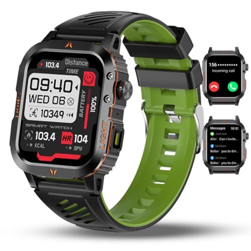 Militray Grade Smart Watch Bluetooth Call LED Flashlight IP68 Waterproof Fitness Tracker Pedometer Multiple Watch Faces 100+ Sports Modes Sleep Heart Rate for Android iOS Men Watch (Black+Green)