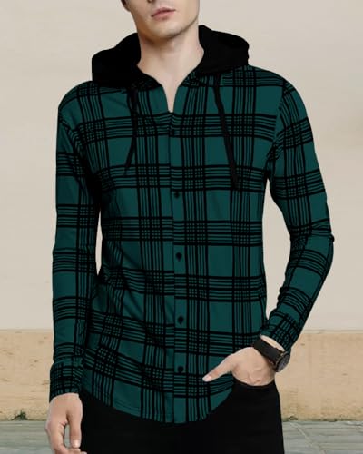 Image of Noble Monk Men's Cotton Blend Hooded Neck Full Sleeve Shirt | Regular Fit | Checkered Pattern | Casual Shirt