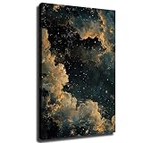 Moody Celestial Wall Art, Dark Academia Decor, Abstract Night Sky Stars Framed Poster, Blue Gold Vintage Print Painting Gothic Wall Decor Ready to Hang (Framed,16×24 inch)