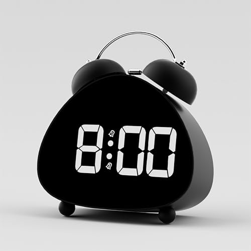 Twin Bell Alarm Clock, Cute Triangle Digital Alarm Clock, Bedside Loud Alarm Clocks for Heavy Sleepers Adults, Silent Desk Clock Battery Operated, Small Table Clock for Bedroom Living Room (Black)