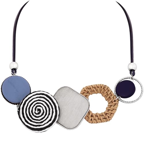MINACHI Boho Mixed-Material Statement Necklace – Rattan, Resin & Brushed Metal Discs on Cord, ~16–17 Inch, Bohemian Vintage Style for Women