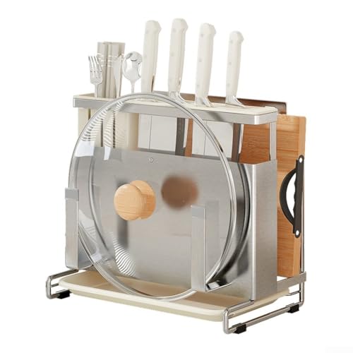 Support de rangement de comptoir de cuisine en acier inoxydable, avec plateau de drainage, support à couverts, design ventilé antidérapant pour planches à découper