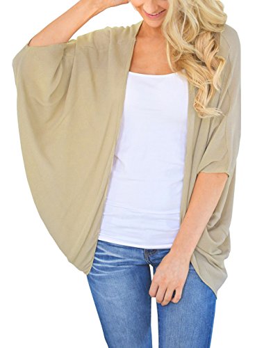 PRETTODAY Womens Summer Solid Color Kimono Cardigan Loose Sleeves Cover up,A-khaki,Large - Thumbnail 2