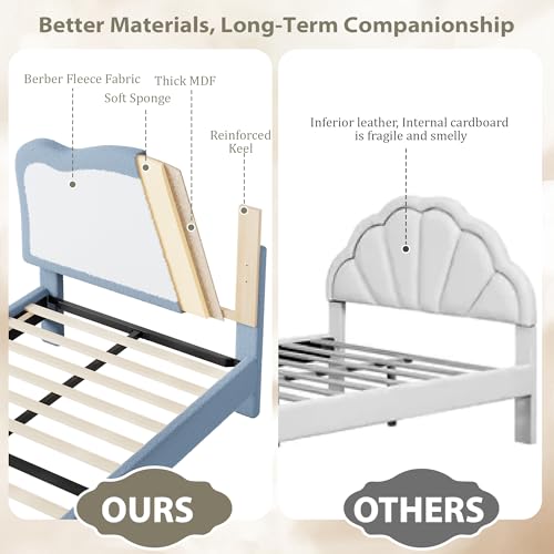 GarveeHome Upholstered Twin Bed Frame for Kids with Scallop Headboard, Cute Velvet Twin Bed for Girls, Boys, Sturdy Platform Bed, No Box Spring Needed, Wooden Slats, Noise Free, Blue White
