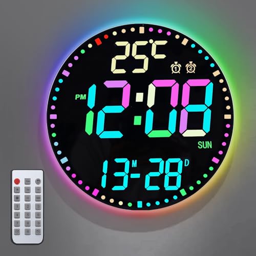 Horloge murale numérique LED RVB 30,5 cm, télécommande, température et 2 alarmes programmables - 2
