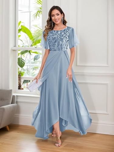 Mother of The Bride Dresses for Women Sequin Ruffle Sleeves Scoop Neck High Low A-Line Pleated Wedding Guest Dress3