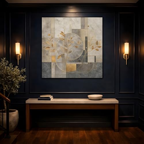Toile moderne salon nature grise et dorée 90x90 cm