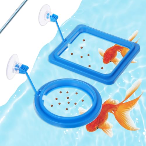 Image of 2 Packs Fish Feeding Rings with Suction Cup Aquarium Feeding Ring Fish Floating Food Feeders, Square & Circle, Blue