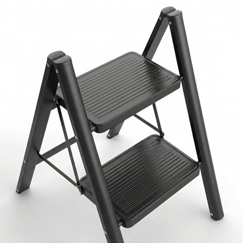 Escabeau pliable à 2 marches - Avec large pédale antidérapante - Capacité de 150 kg - Pour la maison, le garde-manger, l'intérieur et l'extérieur (noir, 2 marches)