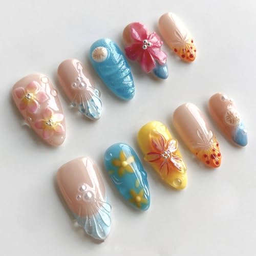 BSBTBZ Tropical Flowers Press on Nails 24Pcs Short Almond Acrylic ABS False Nails with Bead Pearl Charms Design Glue on Nails Summer Floral French Tip Style