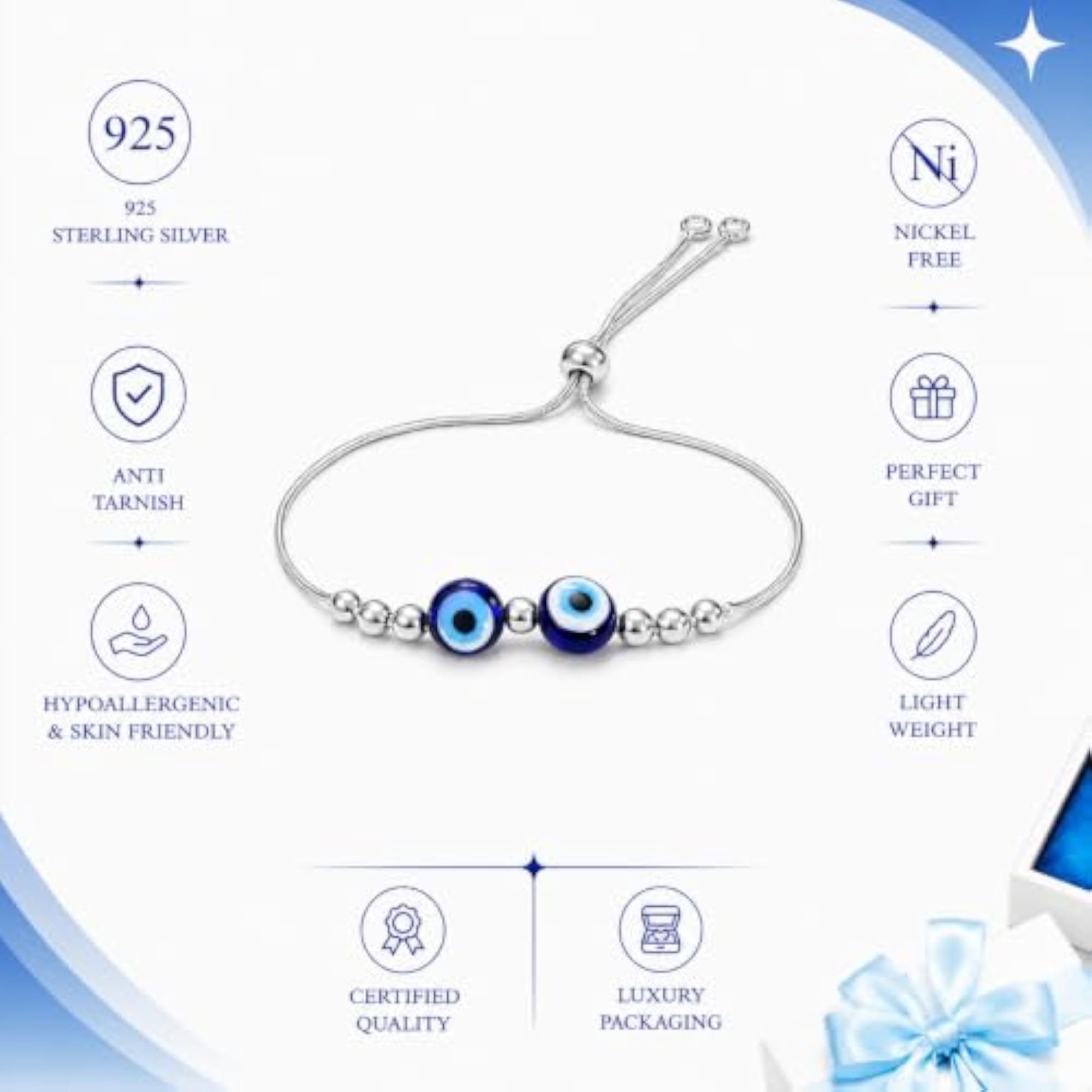 Silver Double Evil Eye Adjustable Bracelet, Gift for Women