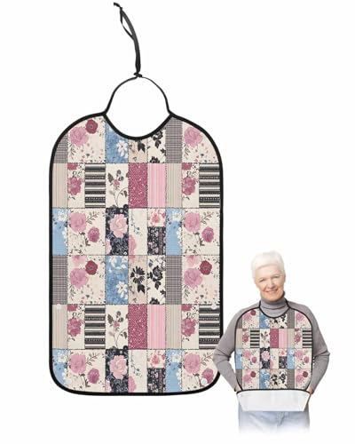 Pink Fall Flower Adult Bib for Adults Men, Women, Vintage Stripes Lattice Farmhouse Washable & Adjustable Terry Cloth Bib with Crumb Catcher Reusable Waterproof Clothing Clothes Protector Apron