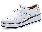 DADAWEN Women's Platform Lace-Up Wingtips Square Toe Oxfords Shoe White US Size 8/Asia Size 40/25cm