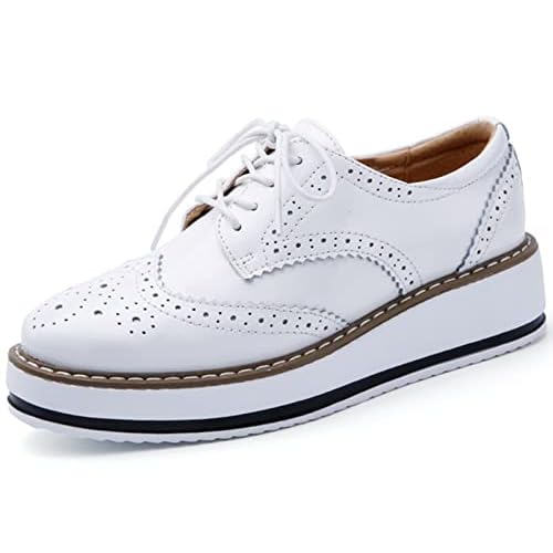 DADAWEN Women's Platform Lace-Up Wingtips Square Toe Oxfords Shoe White US Size 10/Asia Size 43/26.5cm