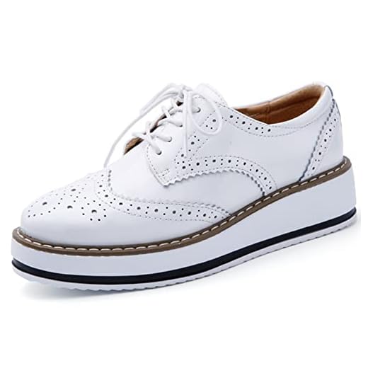 DADAWEN Women's Platform Lace-Up Wingtips Square Toe Oxfords Shoe White US Size 10/Asia Size 43/26.5cm