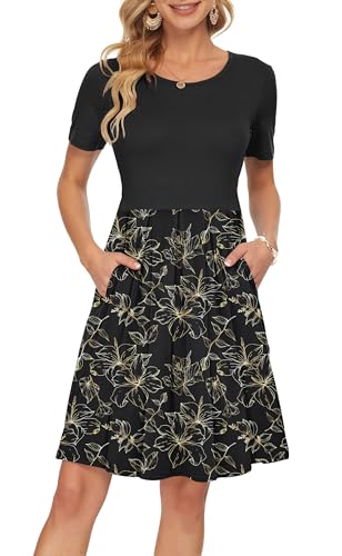 Image of AUSELILY Women's Short Sleeve Pleated Swing Summer Dress with Pockets | Knee-length short sleeve dress, empire waist & pockets, ideal for casual daily wear and vacation