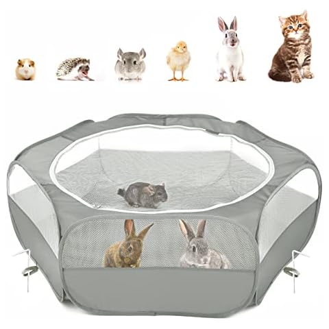 Pawaboo Small Animals Playpen, Breathable & Waterproof Small Pet Cage Tent with Zippered Cover, Portable Outdoor Yard Fence for Kitten/Puppy/Guinea Pig/Rabbits/Hamster/Chinchillas, Gray Cover