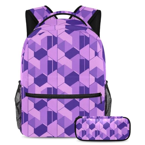 Sac d'école pour garçons et filles avec sa trousse assortie géométrique violette