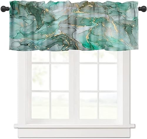 Image of Green Marble Window Valance Curtain, Grey White Abstract Modern Luxury Ink Texture Gold Veins Unique Ombre Window Valances Treatments for Kitchen Living Room Cafe Decor 54'x18', 1 Panel