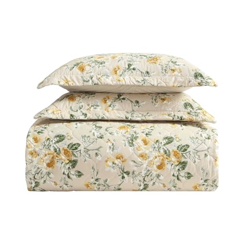 Image of Laura Ashley - King Quilt Set, Reversible Cotton Bedding with Matching Shams, Lightweight Home Decor for All Seasons (Roses Gold, King)
