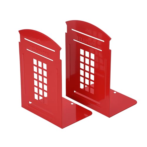 MerryNine 2pcs Book Ends, Metal Bookends for Shelves, Telephone Booth Decorative Bookends, Non Skid Heavy Bookends, Book, Magazine or CD Organizers for Home and Office (Red-2pcs)
