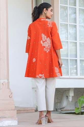 Image of Janasya Women's Orange Pure Cotton Floral Printed Flared Tunic