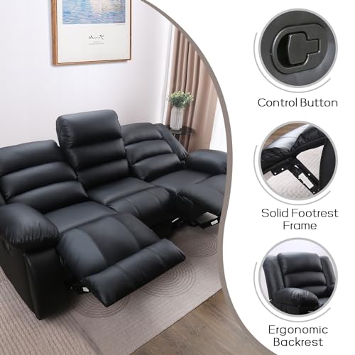 EBELLO Faux Leather Manual Reclining Sofa with 2 Concealed Cup Holders, Overstuffed Armrest 3 Seat Recliner Couch for Living Room, Bedroom, Meeting Room, Black - Thumbnail 4