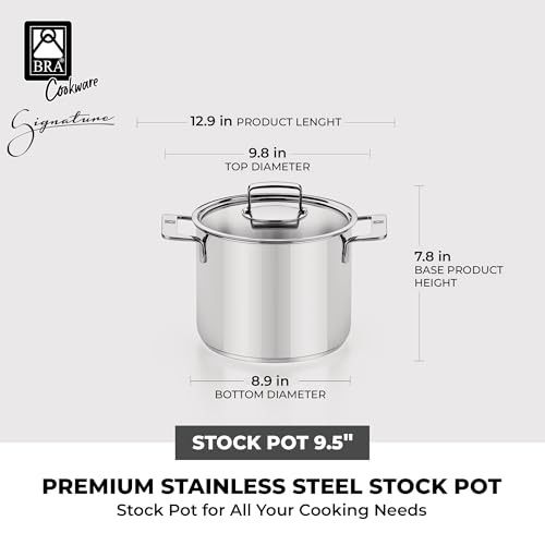 Image of BRA COOKWARE Signature Stainless Steel Stock Pot w /Glass Lid | 9.5 Inch 9 Quart Professional Grade Cooking Pot | PFOA Free Deep Pot | All Cooktops | All Cooktops (incl. Induction) & Oven Safe