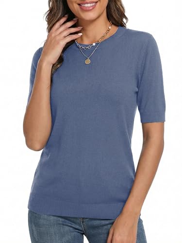 LaGracia Cashmere Sweaters for Women Crewneck Short Sleeve Basic Casual Lightweight Sweater Spring Top Haze Blue XL — view 4