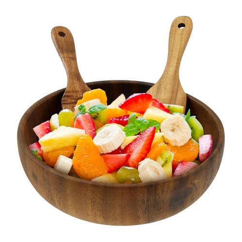Wood Salad Bowl Set with Spatula and Fork Waterproof Wood Mixing Bowl Serving Utensil for Home Party Barbecue Camping