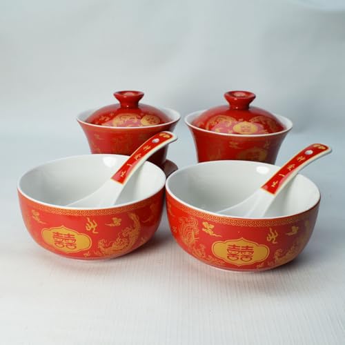 Image of Liang baobao Chinese Wedding Tea Gift Set Gaiwan Bowl Spoon Porcelain Tableware Dragon and Phoenix Double Happiness for Men Women Couple Wedding Party (6 /Set dragon phoenix double happiness)