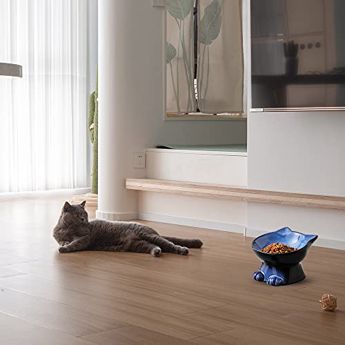 Nihow Slanted Elevated Cat Bowls: 5 Inch Ceramic Raised Cat Food Bowl For Protecting Pet's Spine - Microwave & Dishwasher Safe -Elegant Blue & Black (4.5 Oz /1 Pc) #TOP5