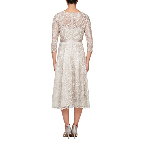Image of Alex Evenings Womens Tea Length Embroidered Cocktail Dress with Illusion Sleeves, Wedding Guest (Petite and Regular Sizes)